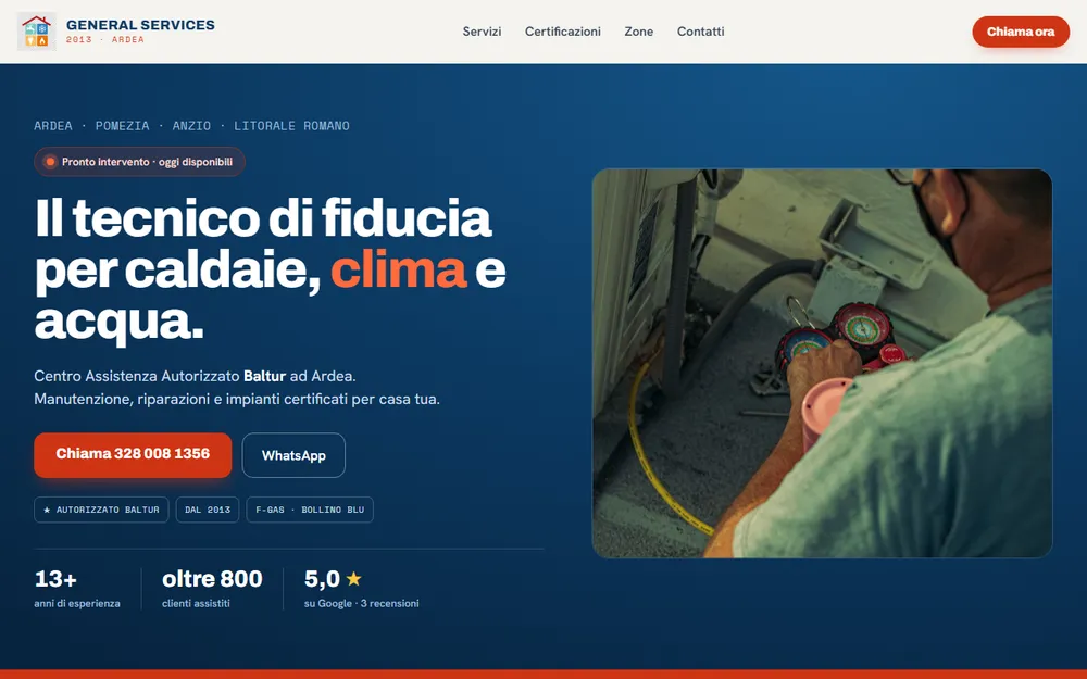 Schermata del sito vetrina di General Services 2013, termoidraulico.